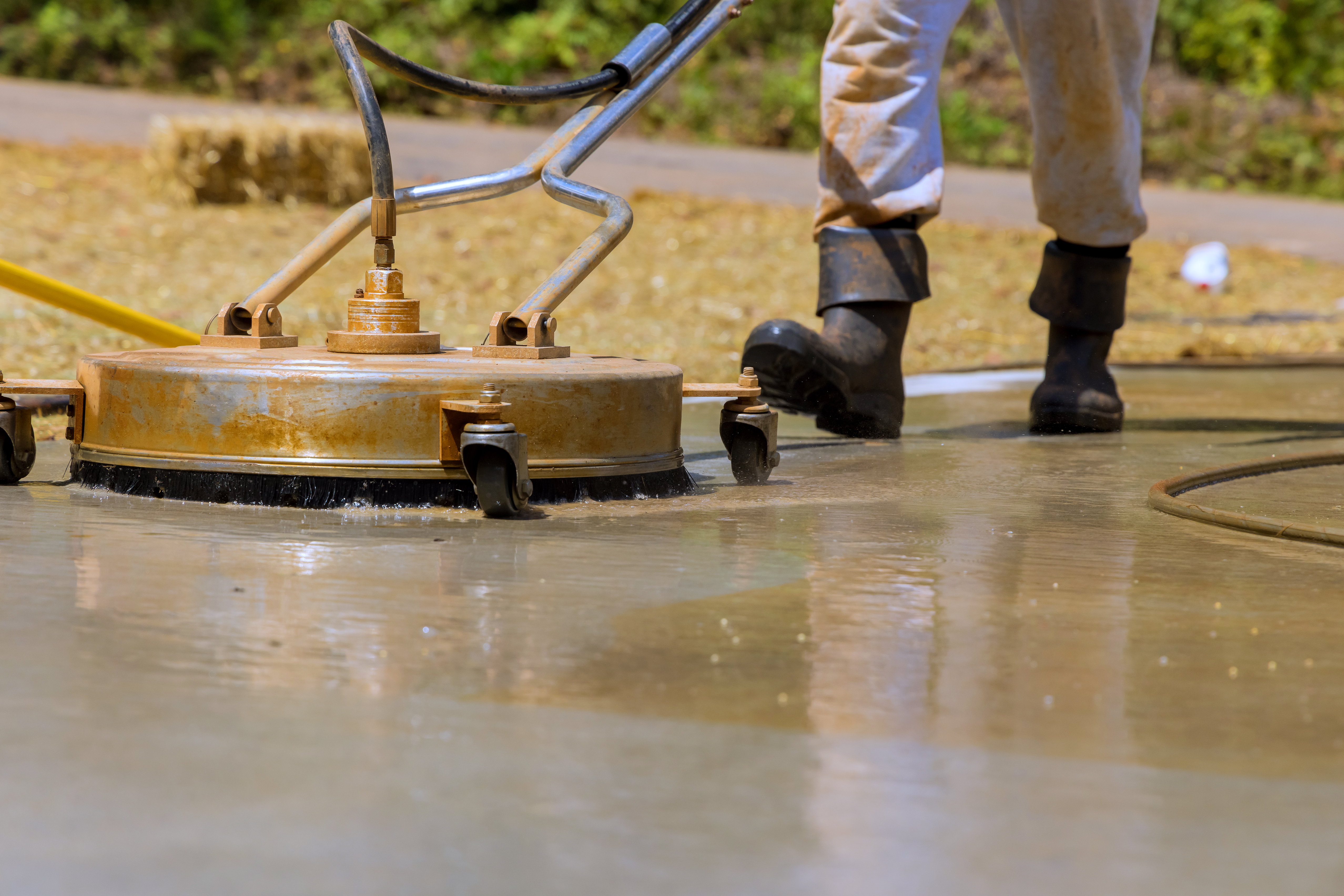 Rotary surface cleaner on concrete driveway